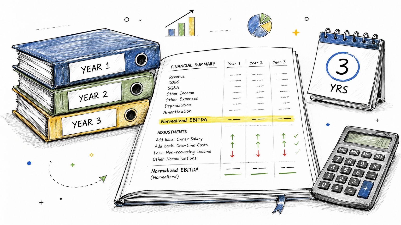 Your 2026 Mergers and Acquisitions Checklist: 8 Steps 1 A hand-drawn illustration showing a financial summary, binders for three years, a calculator, and a calendar.