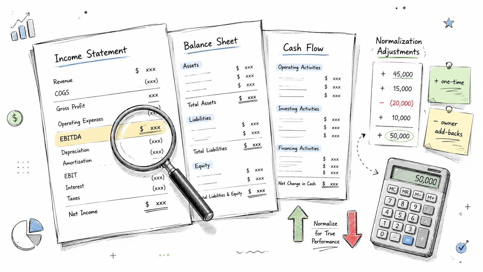 Your Mergers and Acquisitions Due Diligence Checklist: 2026 1 A hand-drawn illustration showing financial statements like balance sheets and income statements with a magnifying glass.