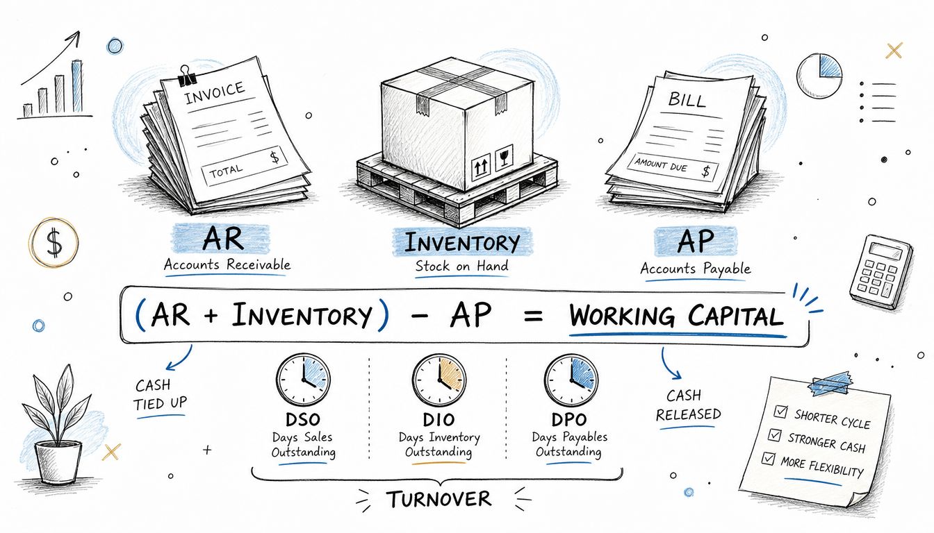 Your Mergers and Acquisitions Due Diligence Checklist: 2026 3 An infographic showing the working capital formula involving accounts receivable, inventory, and accounts payable metrics.