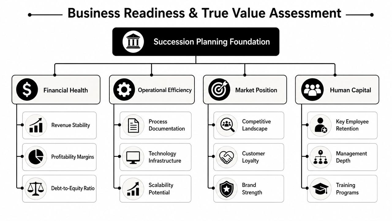 Succession Planning for Small Business 1 A structured diagram illustrating the four key pillars of a business readiness and true value assessment.