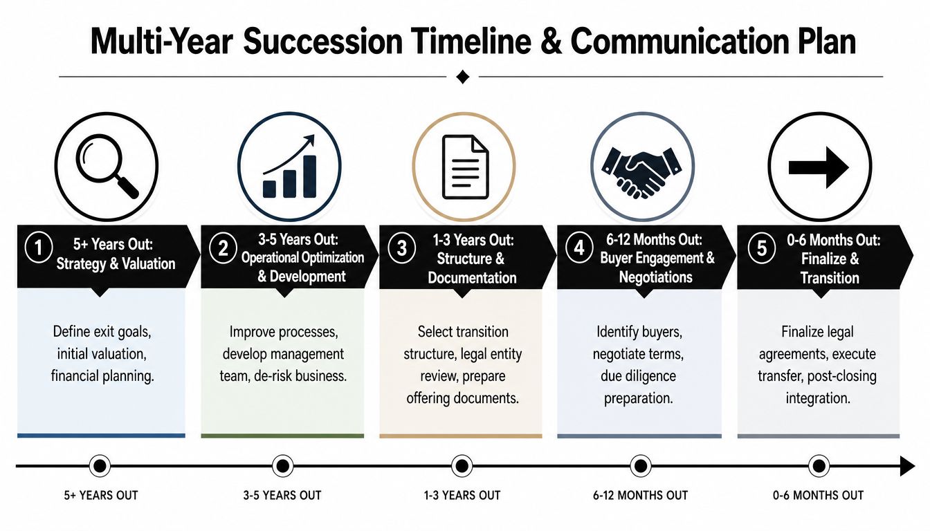 Succession Planning for Small Business 4 A five-step multi-year succession planning timeline and communication plan for business owners and leadership transition.