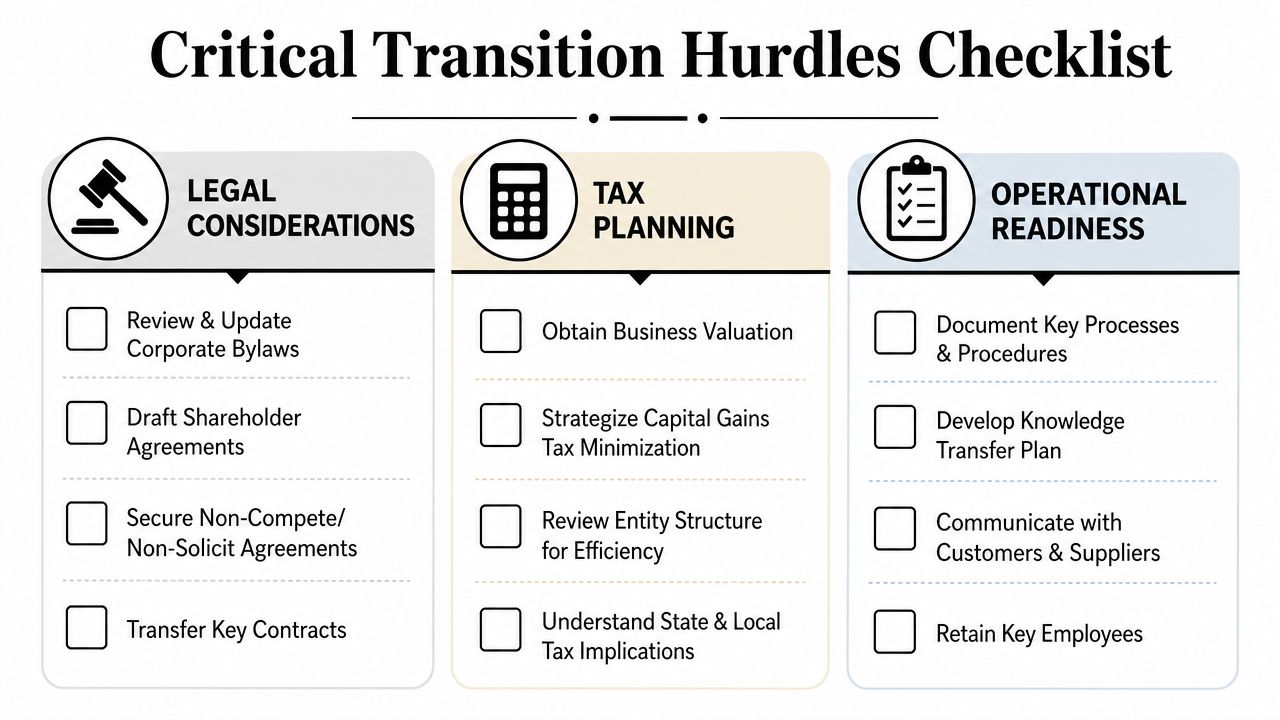 Succession Planning for Small Business 3 A checklist titled Critical Transition Hurdles covering legal considerations, tax planning, and operational readiness for business transitions.