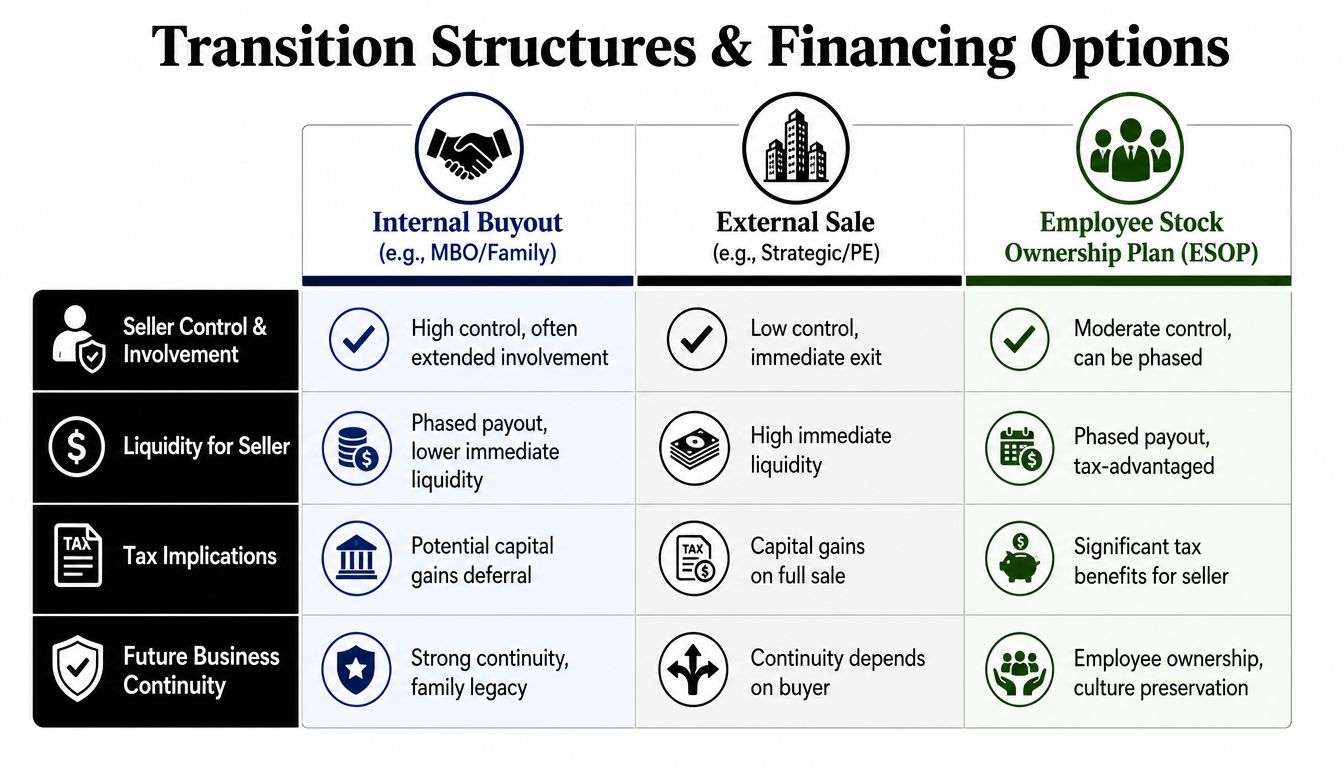 Succession Planning for Small Business 2 A comparison chart outlining business transition structures, financing options, and their impact on control, liquidity, taxes, and continuity.