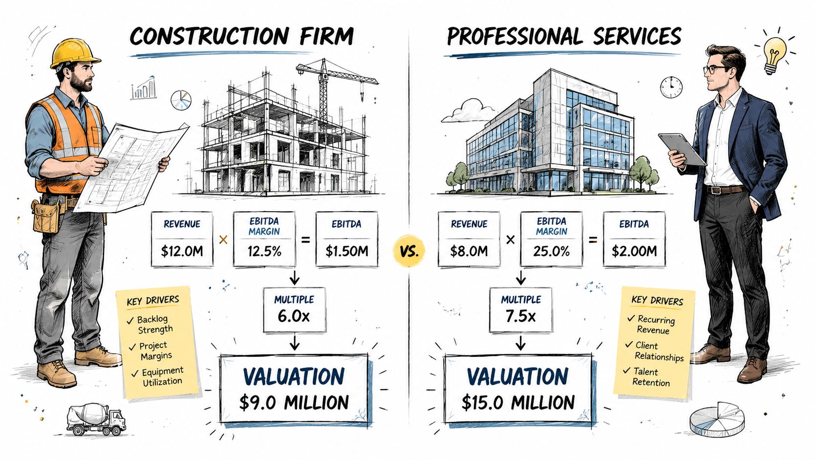 Value of a Private Company Guide for CFOs 3 A comparative infographic showing the financial valuation process for a construction firm versus a professional services company.