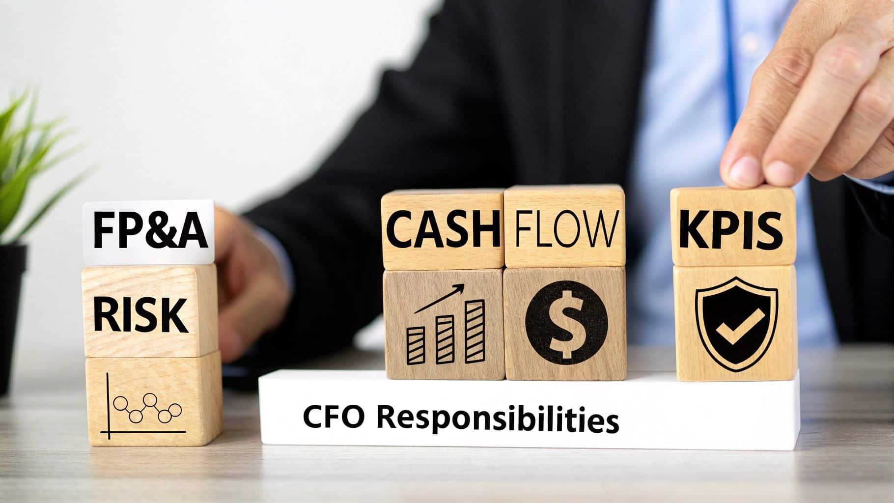 What does a fractional cfo do? Strategic finance for growth 2 Wooden blocks illustrate key CFO responsibilities: FP&A, Risk, Cash Flow, and KPIs on a table.