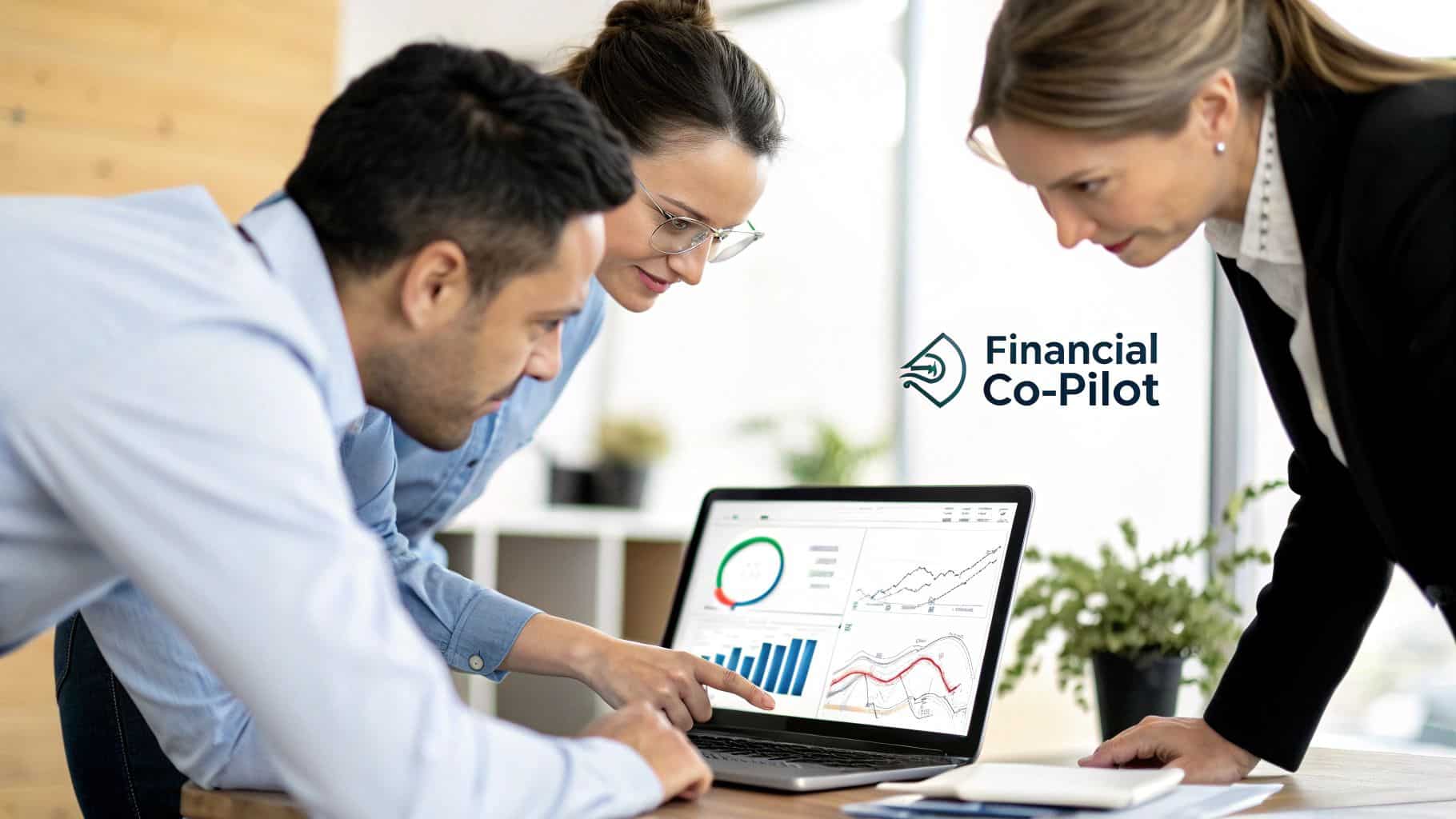 What does a fractional cfo do? Strategic finance for growth 1 Team of three diverse professionals analyzing financial data and charts on a laptop in a modern office.