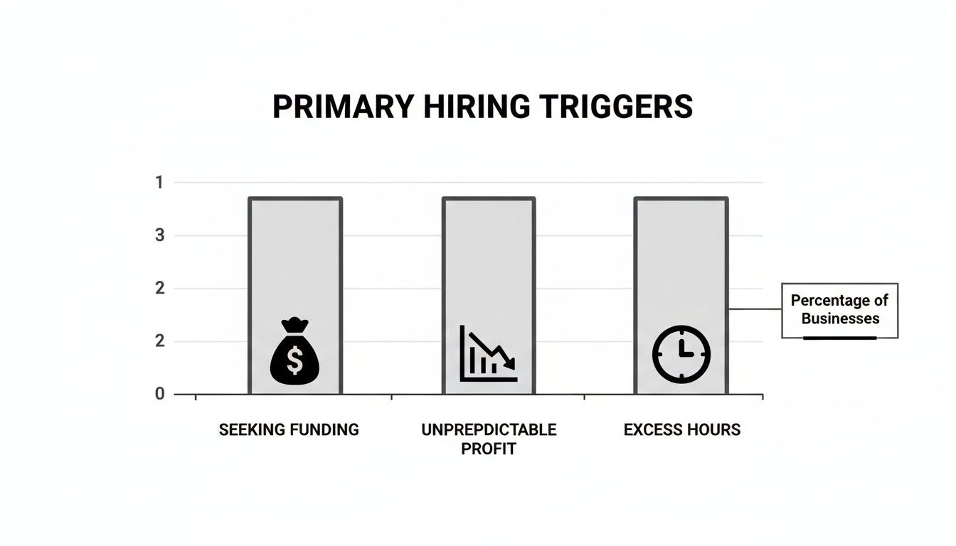 What does a fractional cfo do? Strategic finance for growth 3 Bar chart illustrating primary hiring triggers: seeking funding, unpredictable profit, and excess hours, all equally significant.