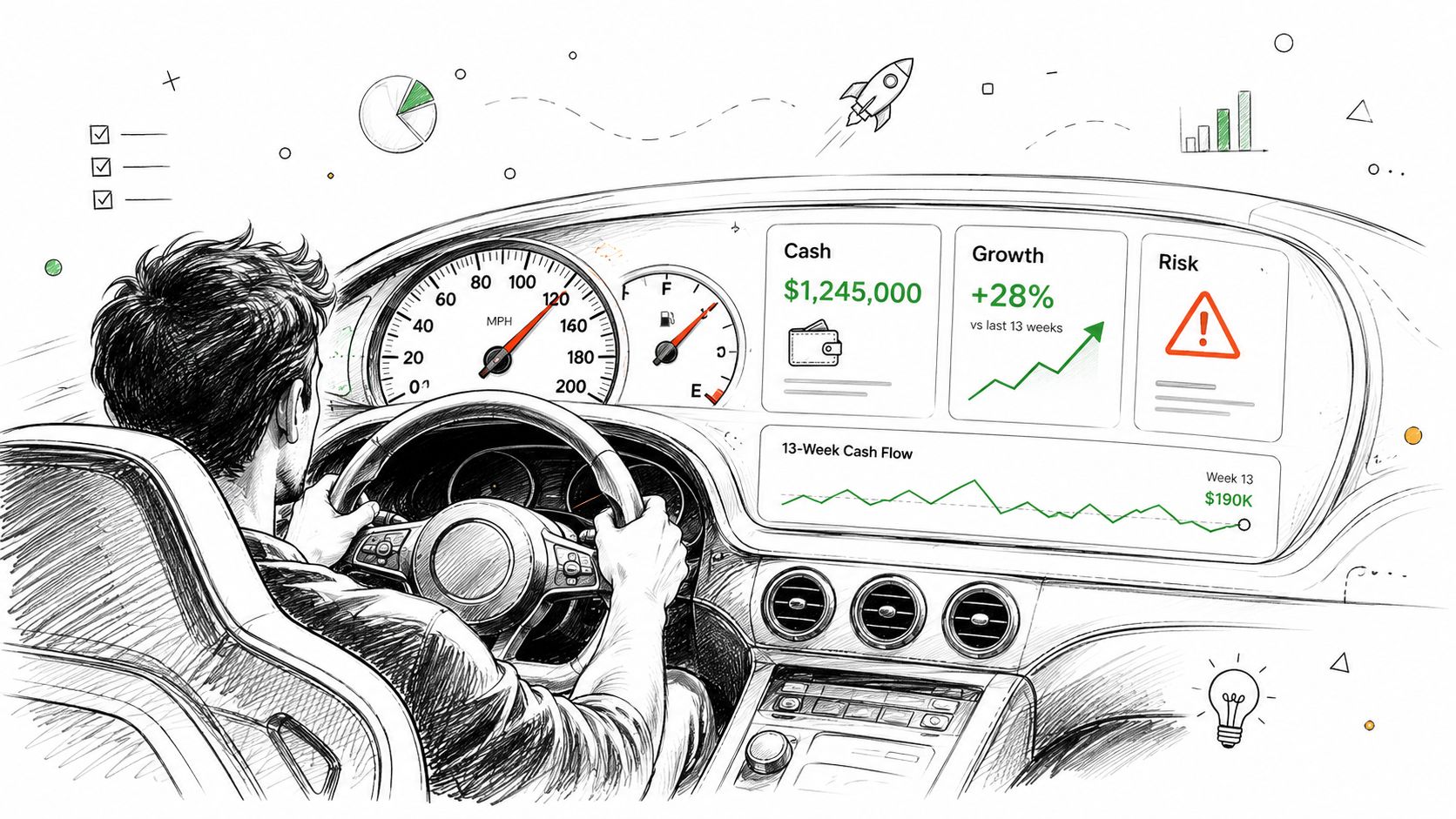 What Is Financial Reporting and How Founders Use It to Drive Decisions 1 A digital illustration of a man driving a car featuring a dashboard displaying financial data and analytics.