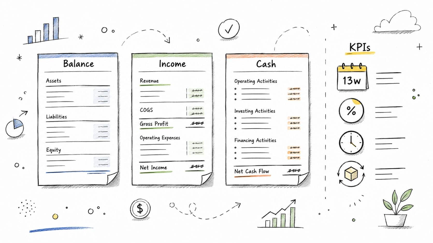 What Is Financial Reporting and How Founders Use It to Drive Decisions 3 A hand-drawn illustration showing the three key financial statements alongside business performance KPIs and icons.