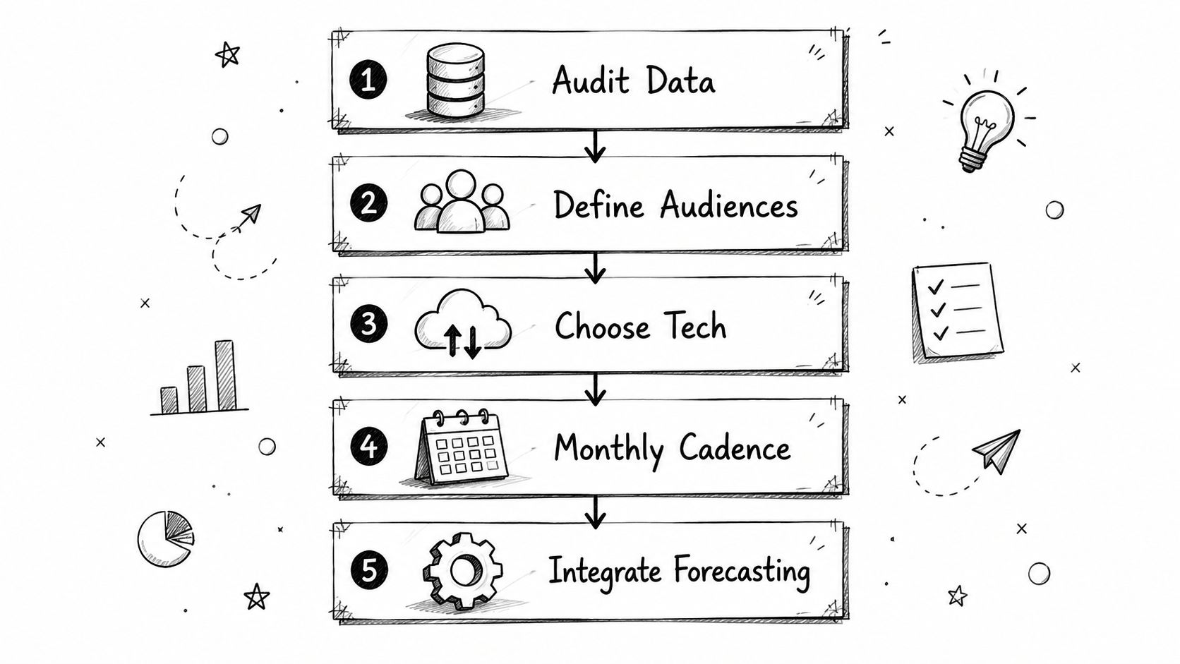 What Is Financial Reporting and How Founders Use It to Drive Decisions 4 A five step process diagram for business strategy, including data audit, audience definition, technology selection, and forecasting.