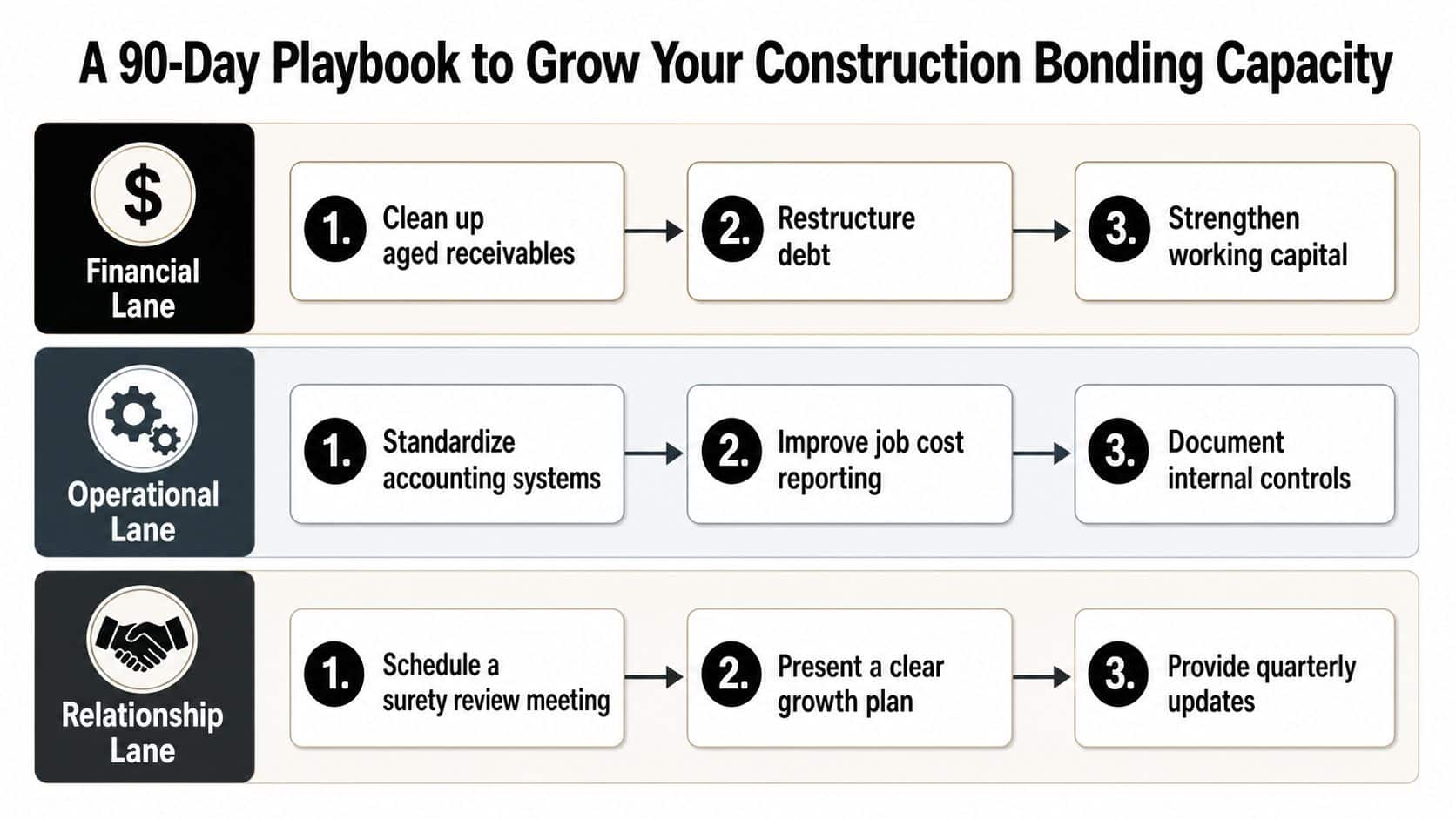 Construction Bonding Capacity: A Practical Guide for Owners 3 A 90-day strategy infographic detailing steps in financial, operational, and relationship lanes to increase construction bonding capacity.