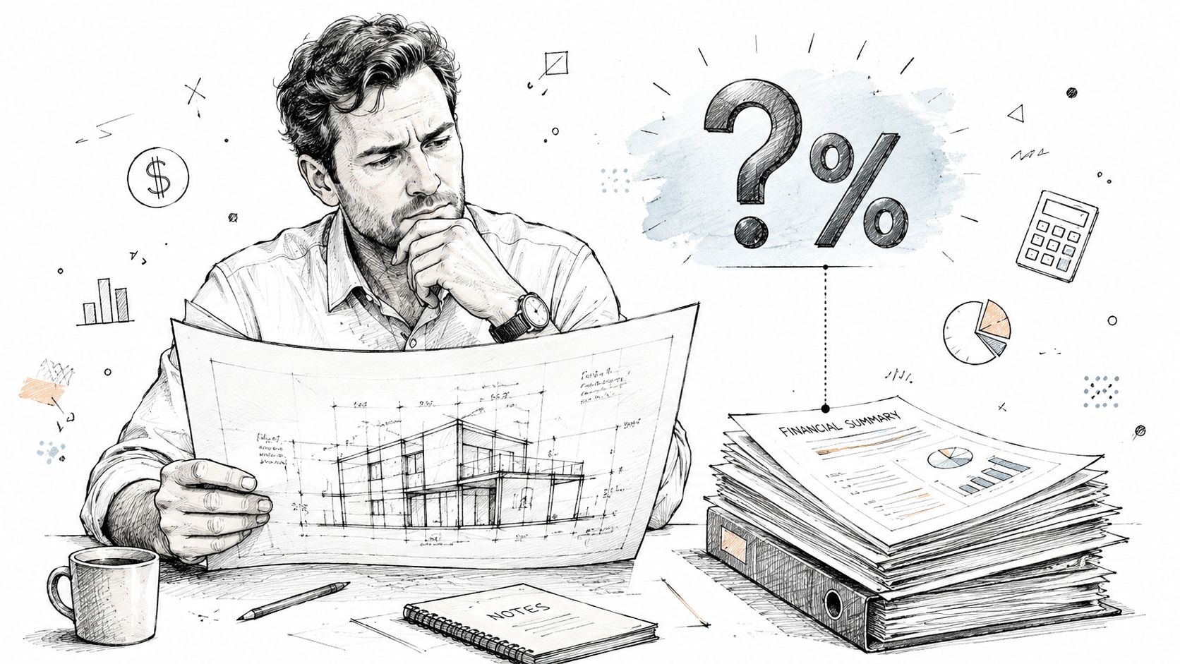 Construction Overhead Percentage: How to Calculate 1 An architect reviews building plans while considering financial summary reports and overhead costs at his desk.