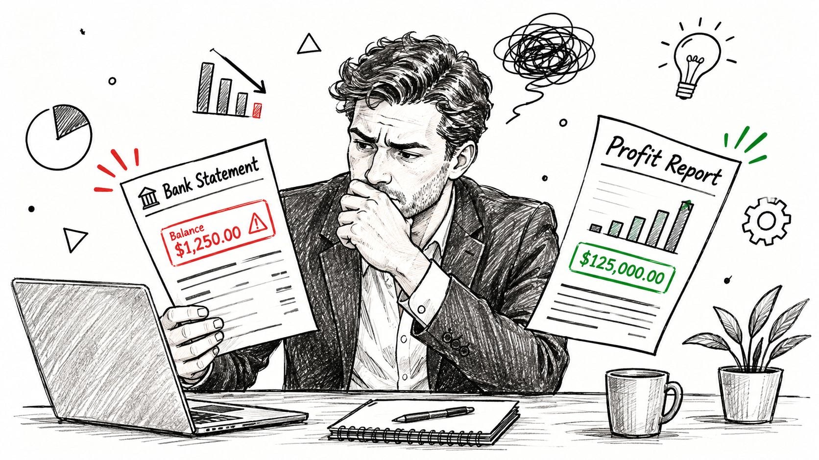 Converting Accrual to Cash: A Practical Owner Guide 1 A businessman looking worried while comparing a low bank balance statement with a high profit report.