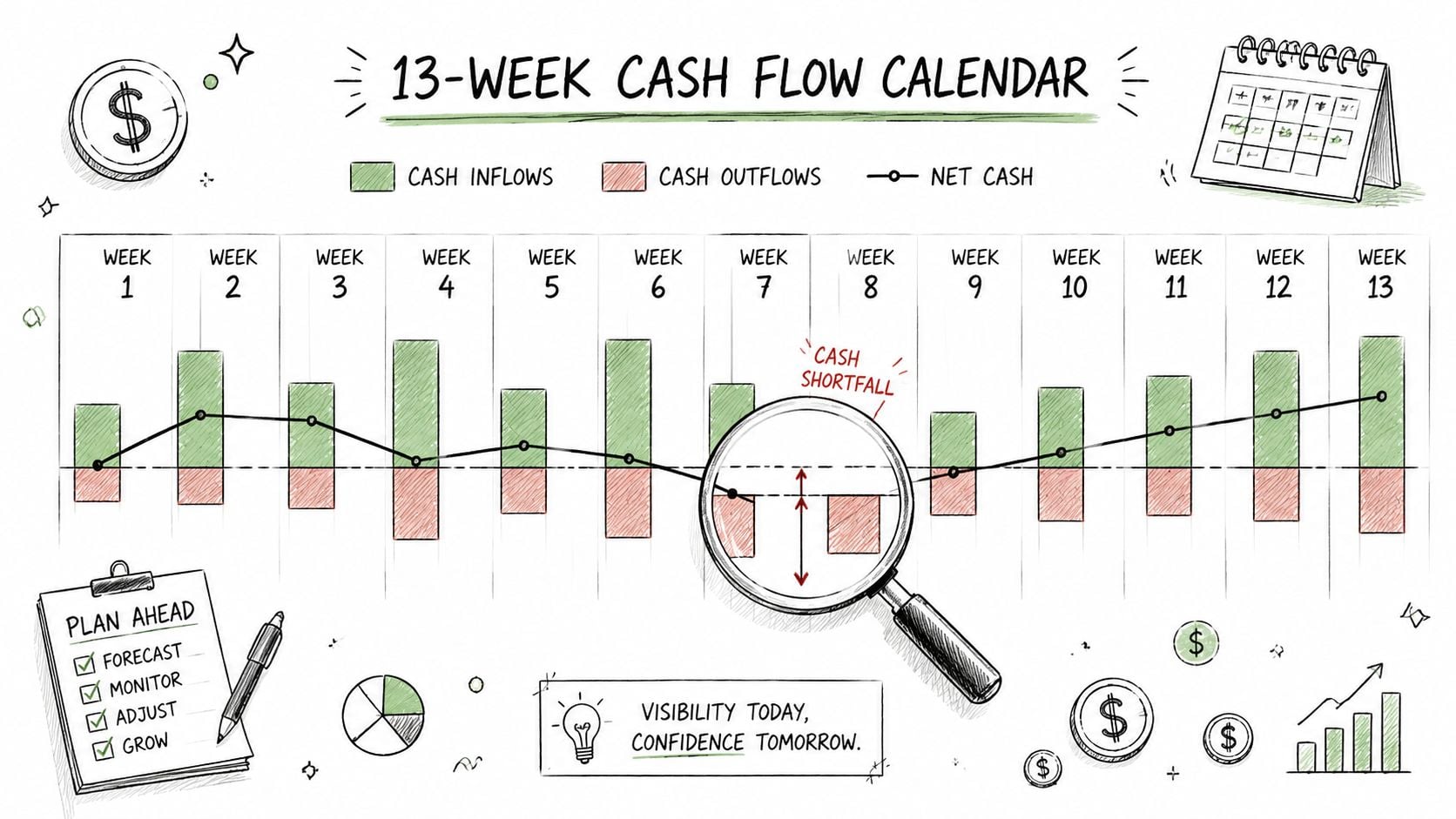 9 Cost Cutting Strategies for Growth-Stage Businesses 1 A hand-drawn illustration showing a 13-week cash flow calendar with bars representing inflows, outflows, and net cash.