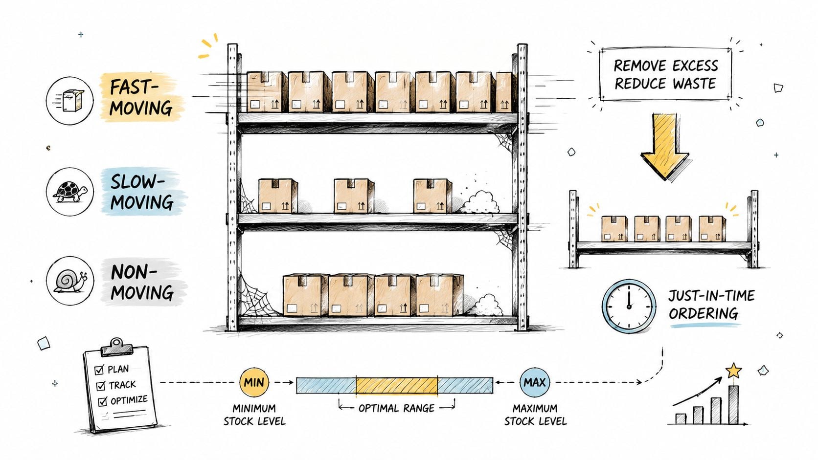 9 Cost Cutting Strategies for Growth-Stage Businesses 3 An illustration depicting warehouse inventory management strategies including fast-moving goods, stock level optimization, and just-in-time ordering.