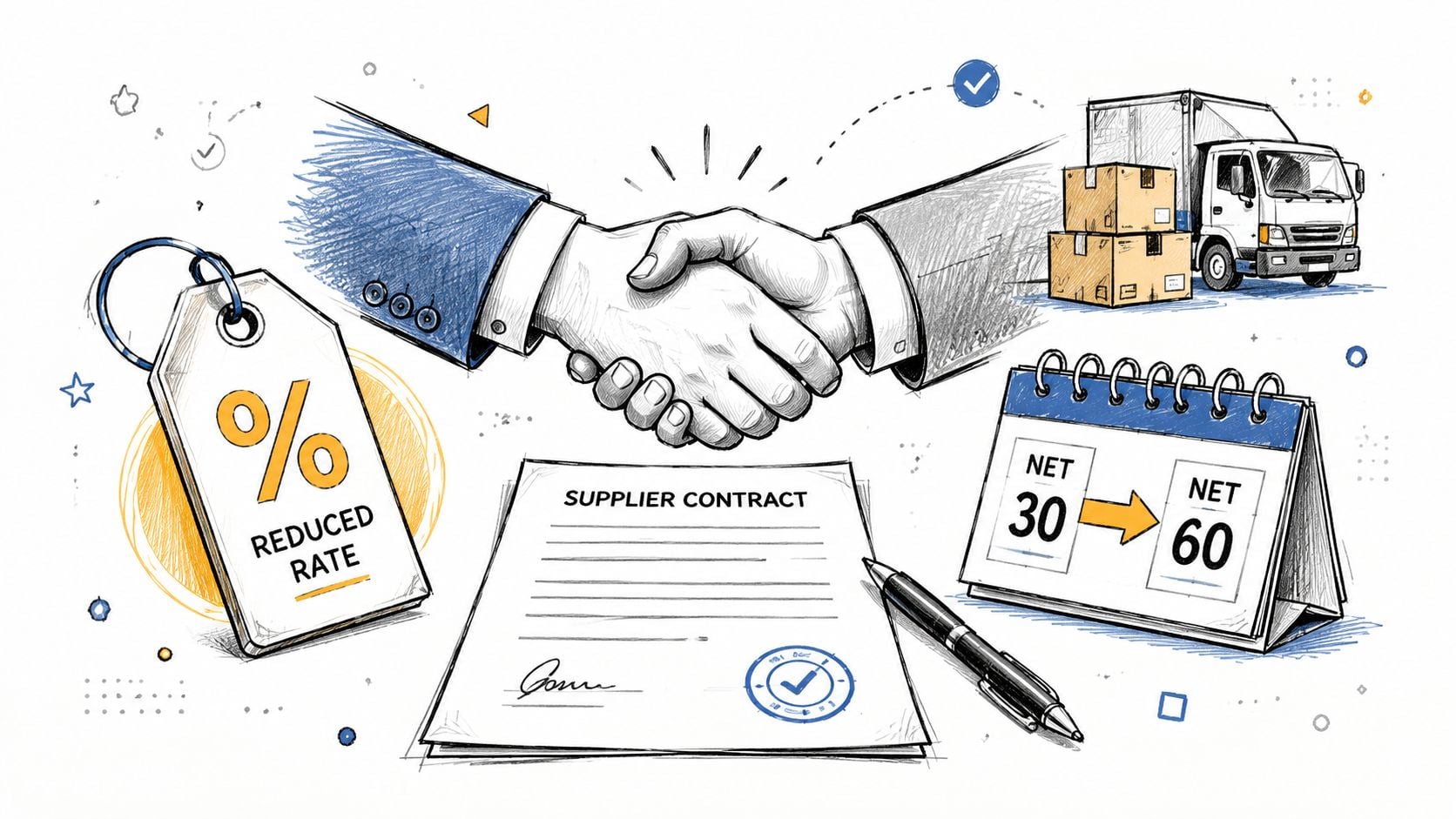 9 Cost Cutting Strategies for Growth-Stage Businesses 2 A conceptual illustration showing a supplier contract, a handshake, delivery truck, and business payment terms.