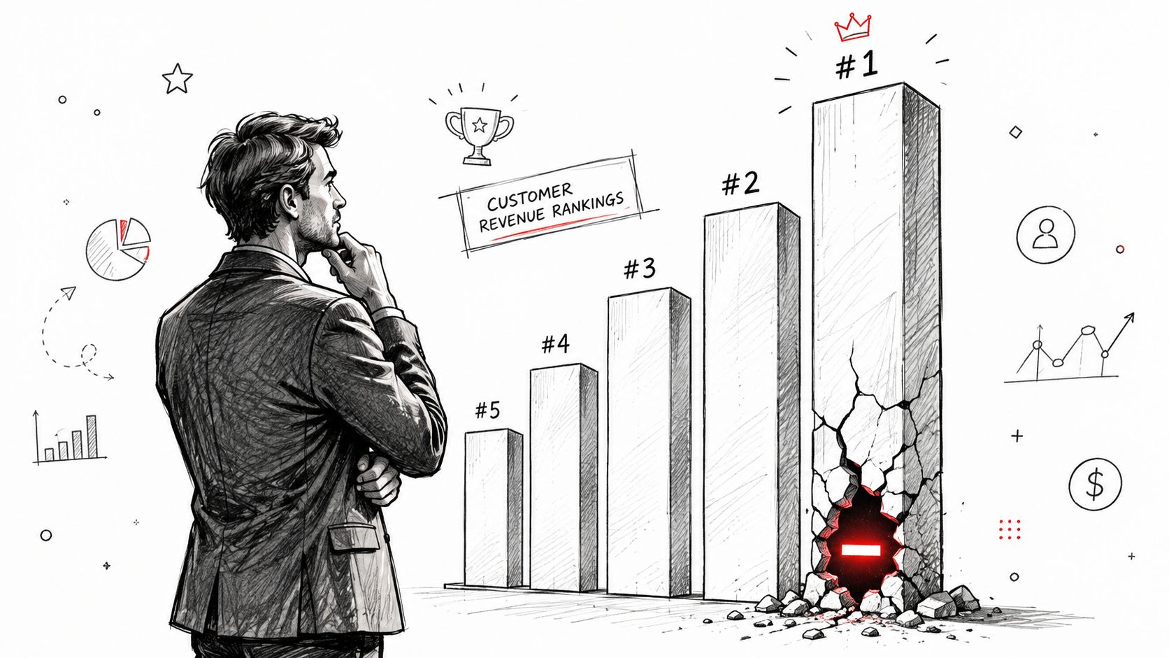 Customer Profitability Analysis: A Founder's Guide to Margin 1 A professional man observing a bar chart showing business revenue rankings with the top performer crumbling.