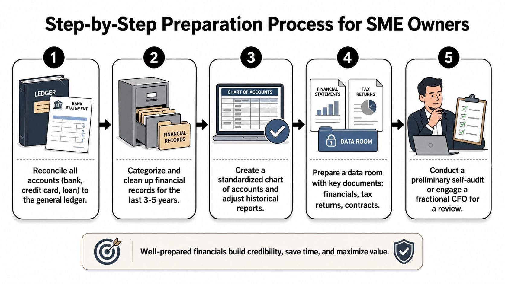 Financial Due Diligence: A Practical Guide for SME Owners 2 A five-step infographic showing the financial preparation process for SME owners to build business credibility.