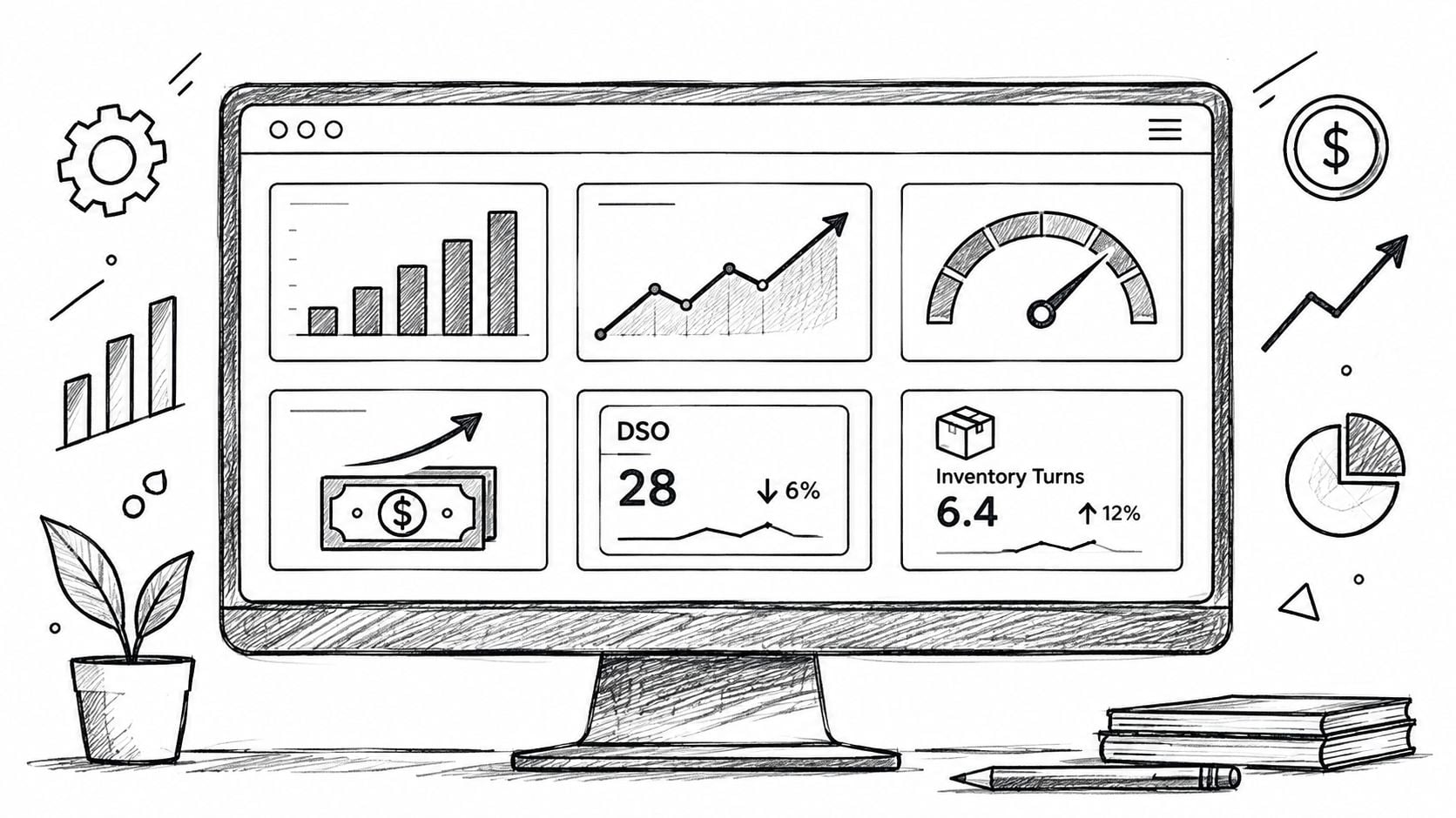10 Financial Modeling Best Practices for Growth 2 A hand-drawn sketch of a computer monitor displaying various financial charts, metrics, and data analytics dashboards.