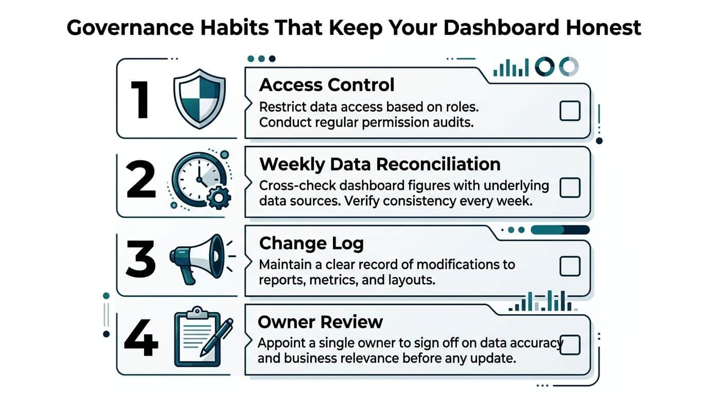 Financial Reporting Dashboards for Founder-Led Businesses 2 A list of four governance habits for dashboard integrity including access control, reconciliation, change logs, and owner reviews.