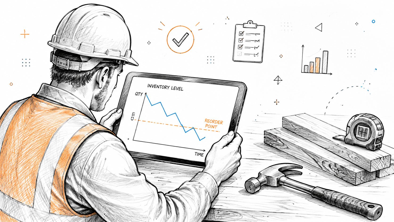 Reorder Point Formula: Master Your Inventory & Cash Flow 3 A construction worker reviewing an inventory level graph with a reorder point on a tablet.