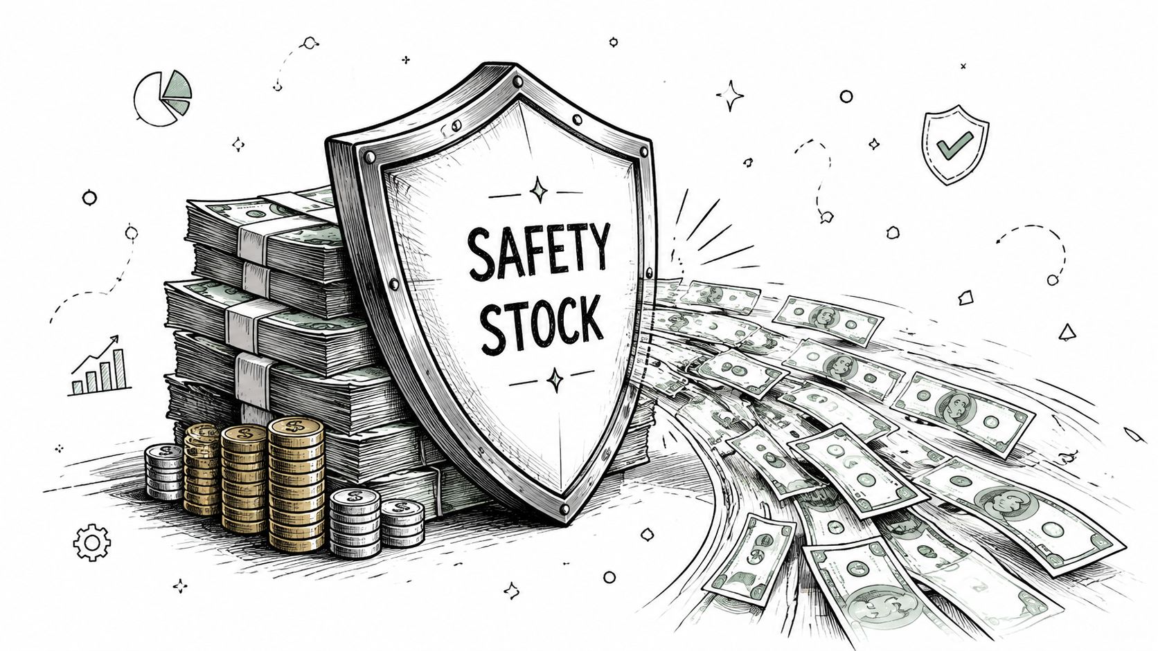 Reorder Point Formula: Master Your Inventory & Cash Flow 2 A safety stock shield protecting stacks of cash and coins from flowing dollar bills and financial symbols.