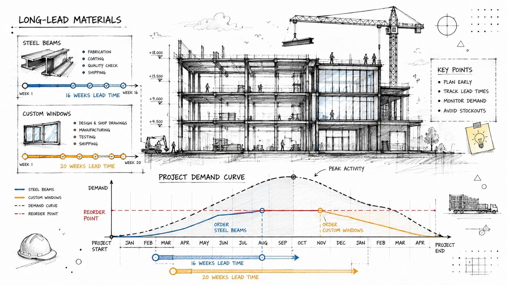 Safety Stock vs Reorder Point: A Practical Guide 3 An infographic showing a construction project demand curve, lead times for steel beams and custom windows planning.