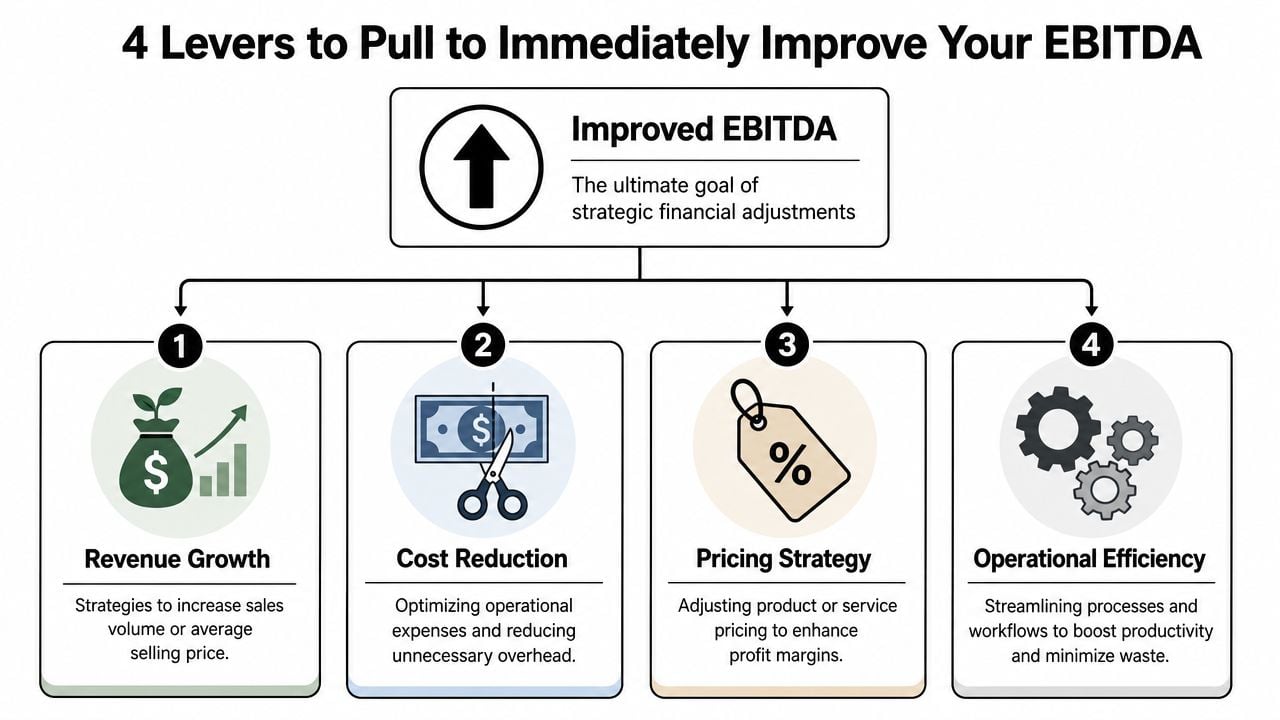 What Is a Good EBITDA? a Guide for $10M+ Businesses 3 A diagram illustrating four strategic levers for improving EBITDA: revenue growth, cost reduction, pricing strategy, and operational efficiency.
