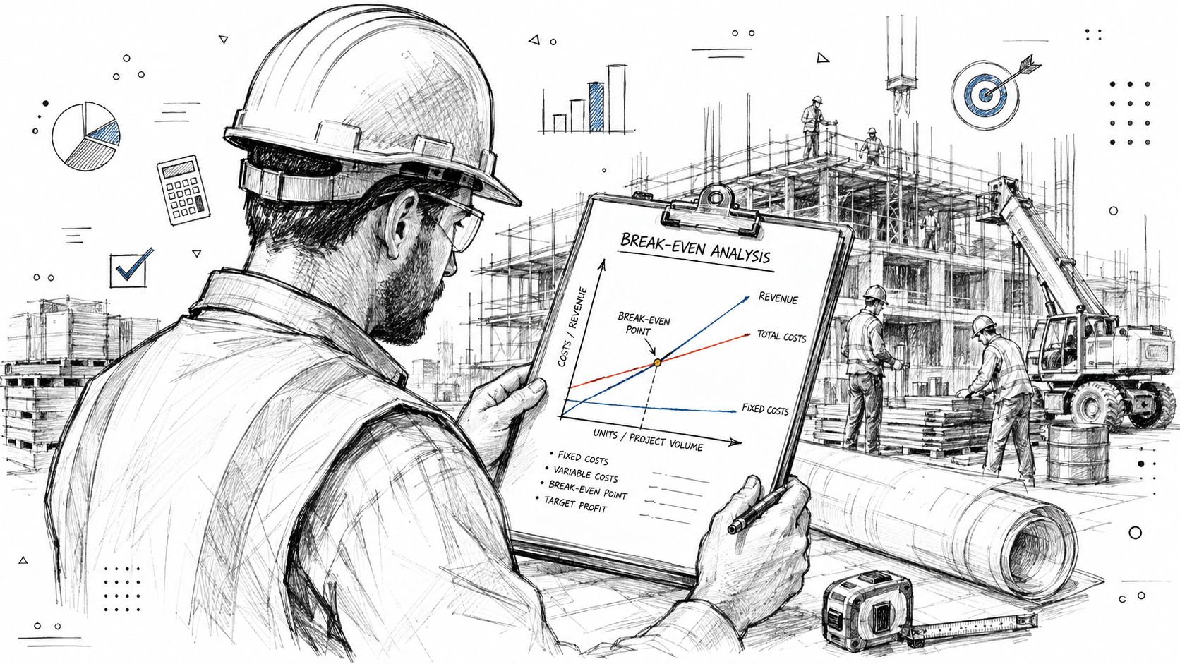 What Is Break Even Analysis and How to Use It 2 A construction engineer reviewing a break-even analysis chart on a clipboard at an active building site.