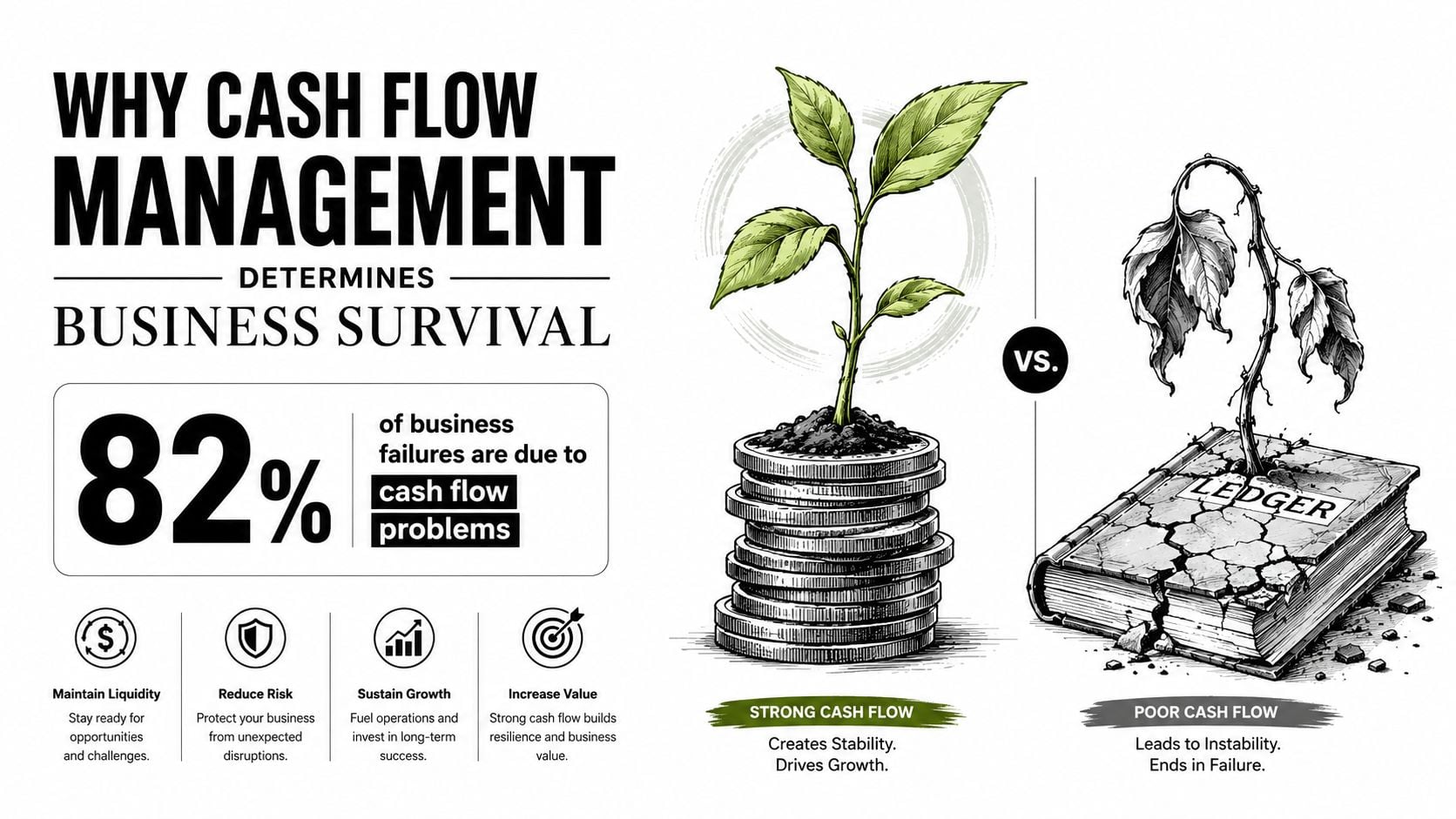 What Is Cash Flow Management in Business? a 2026 Guide 1 An infographic showing how effective cash flow management determines business survival, featuring a healthy plant on coins versus a dying plant.