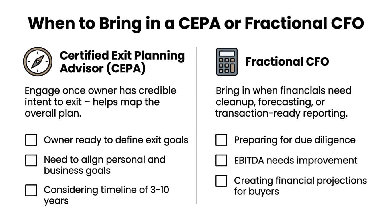 What Is Exit Planning and Why Founders Need It Now 3 A comparison chart outlining when to hire a Certified Exit Planning Advisor or a Fractional CFO.
