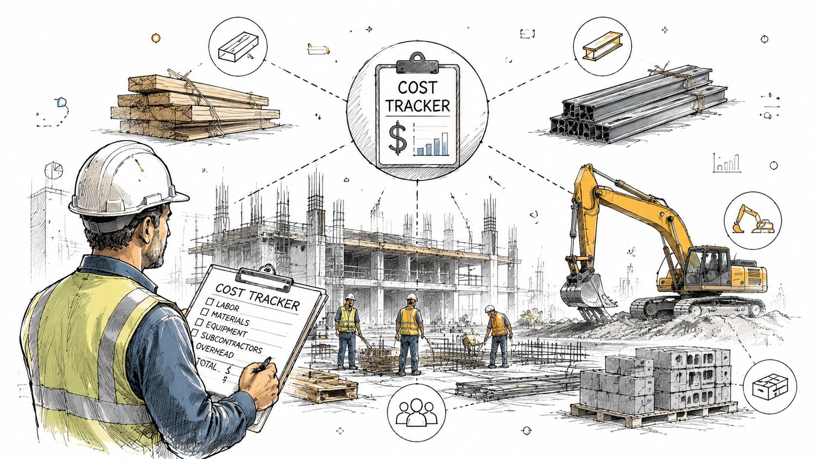 What Is Job Costing and How It Protects Your Margins 4 A construction manager holding a clipboard in front of a building site with various material and equipment icons.