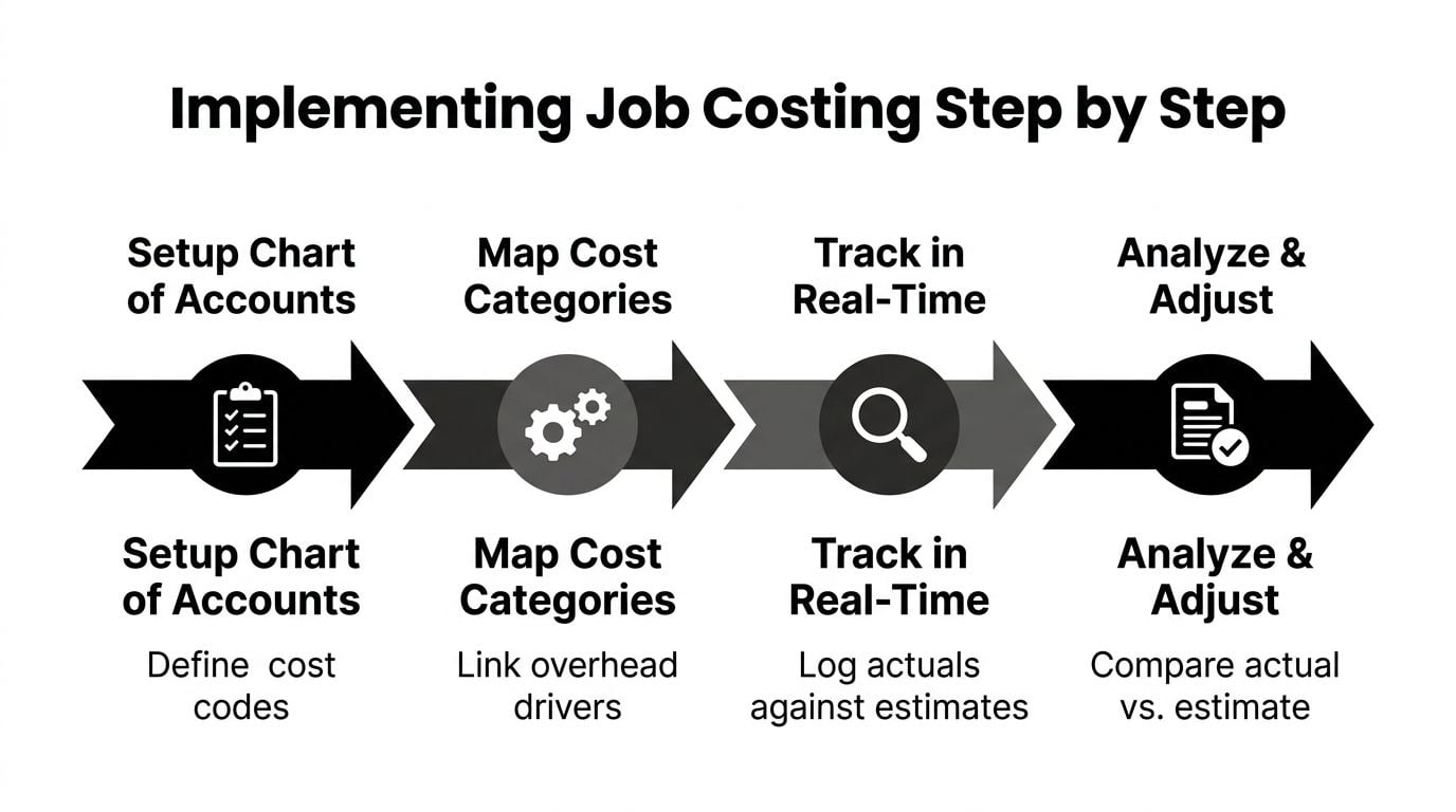 What Is Job Costing and How It Protects Your Margins 3 A four-step infographic illustrating the process of implementing job costing with descriptive labels and icons.