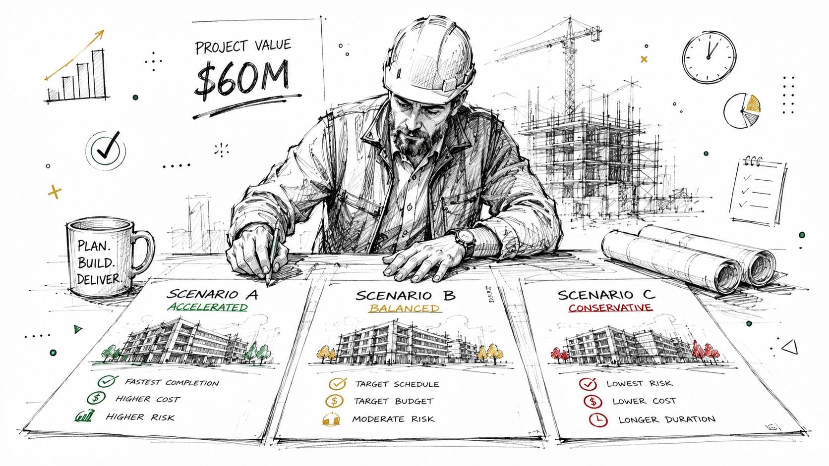 What Is Scenario Planning and Why Founders Need It 2 A construction project manager reviews three different project planning scenarios on a blueprint sketch on his desk.