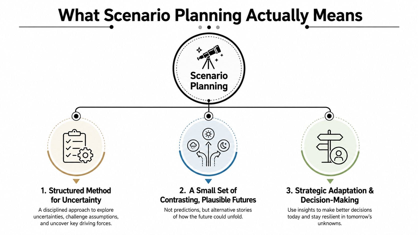What Is Scenario Planning and Why Founders Need It 1 An infographic titled What Scenario Planning Actually Means, explaining its structured method, future scenarios, and strategic decision-making.