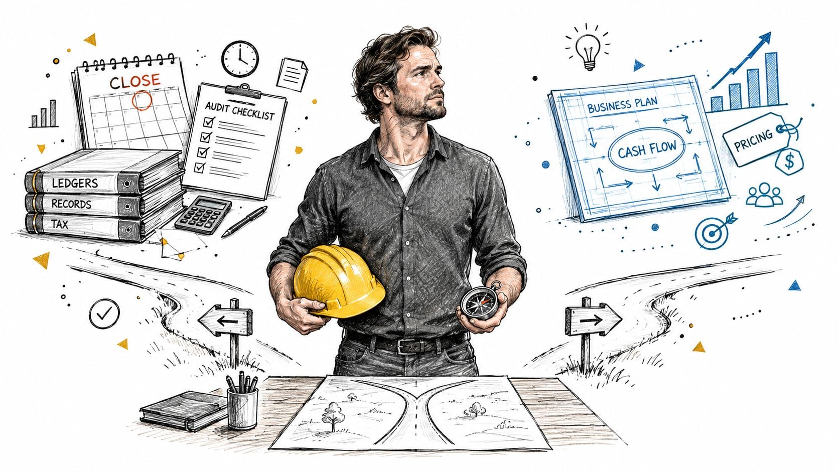 CFO vs Controller Which Finance Leader Your Business Needs 3 A professional holding a construction helmet and compass at a desk with financial and planning documents.