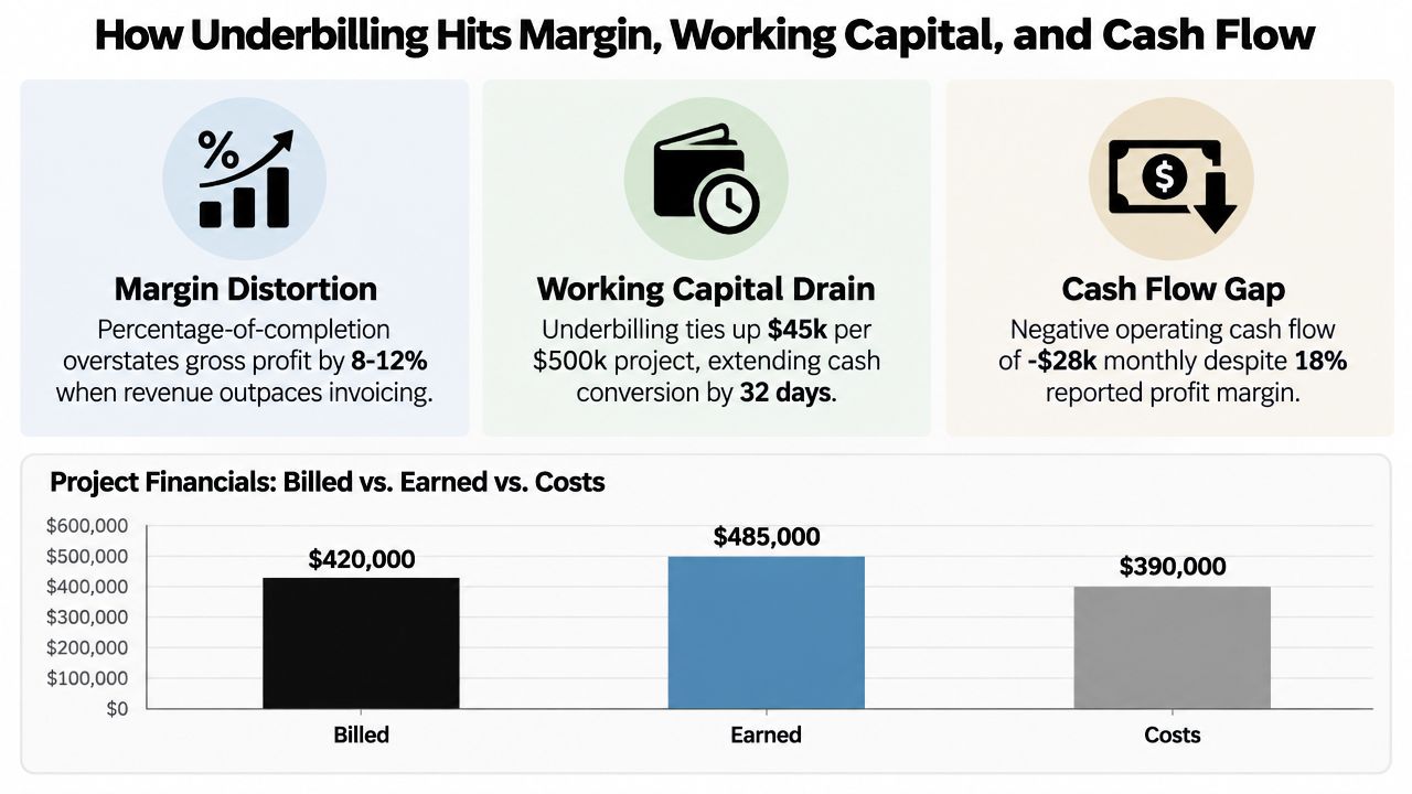 Costs in Excess of Billing Explained for Founders 1 An infographic showing how underbilling impacts profit margins, working capital, and cash flow in project financials.