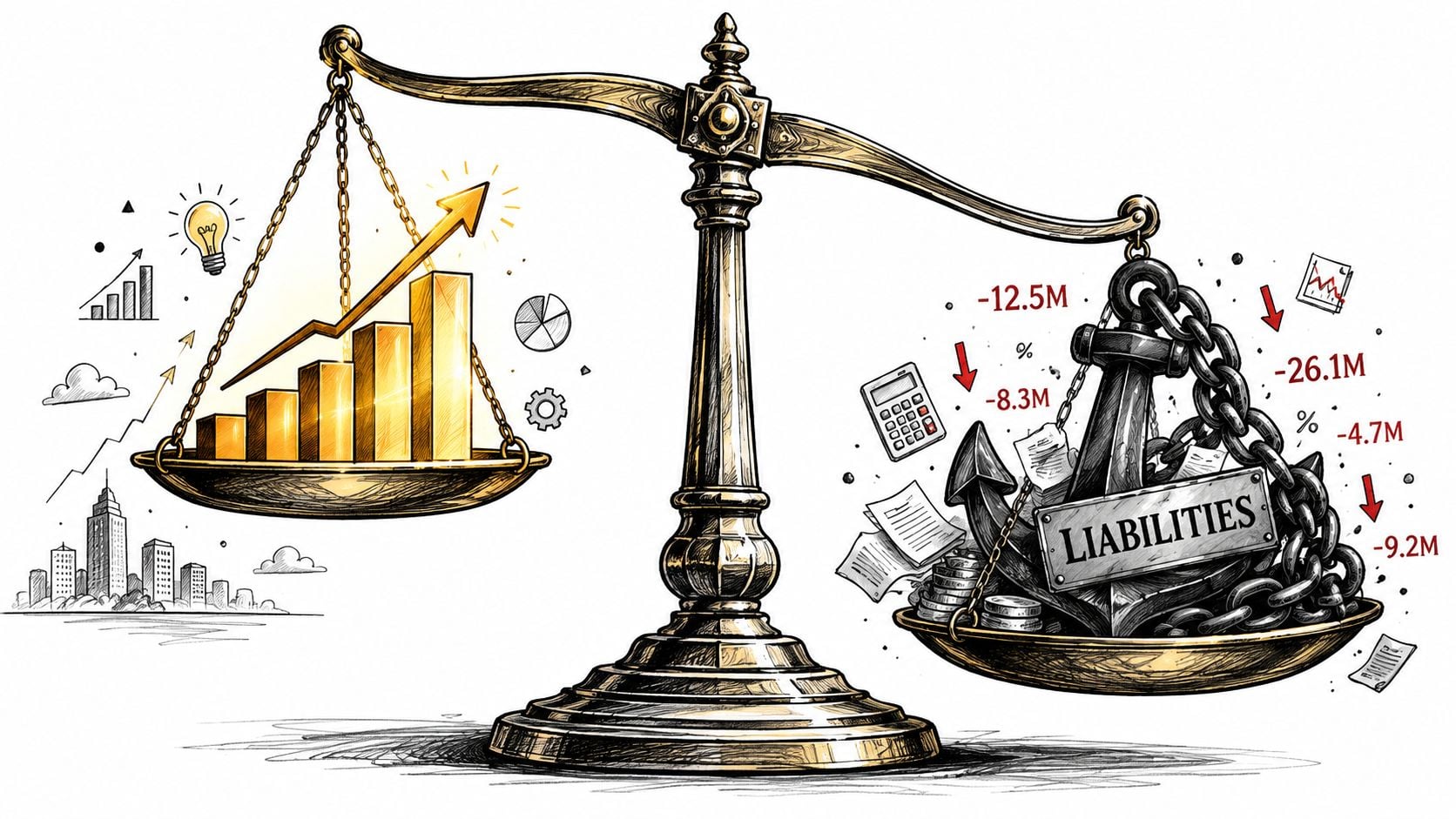 Debt Management Strategy: A Guide for Founders 4 A conceptual illustration of a golden scale balancing a growing financial chart against a heavy liability anchor.
