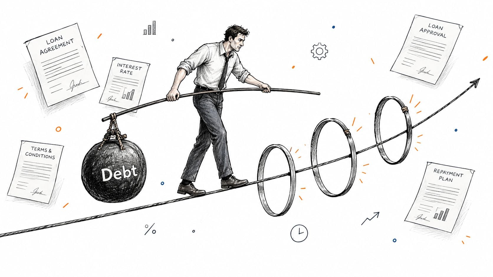 Debt Management Strategy: A Guide for Founders 1 A businessman balancing on a tightrope while carrying a heavy sphere labeled Debt towards success.