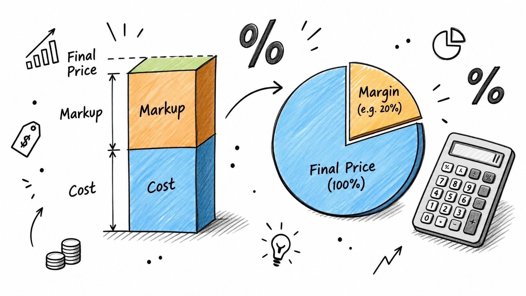 Difference Between Costing and Pricing: Key Insights 2 An educational illustration explaining the concepts of cost, markup, and profit margin for business pricing.