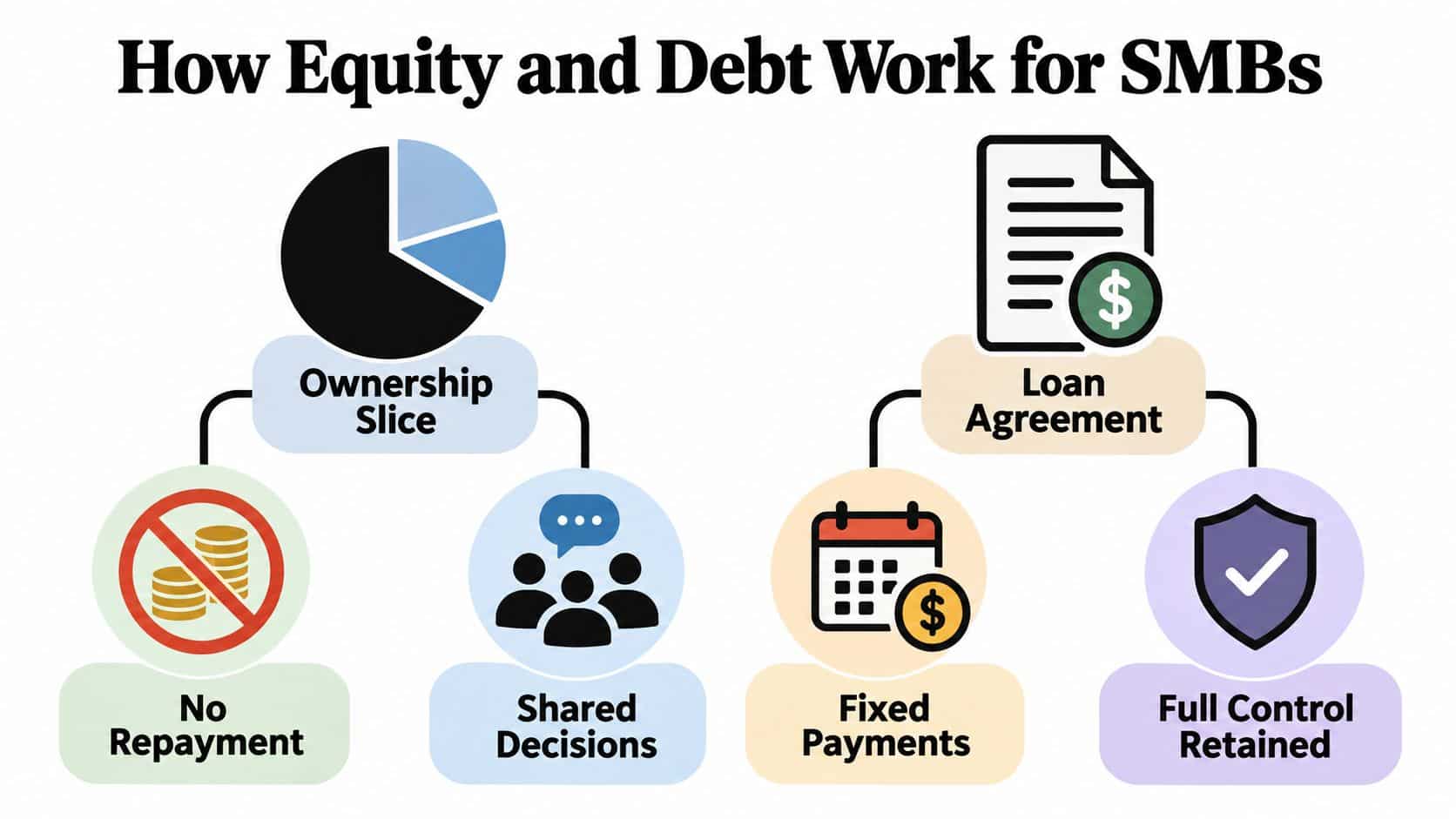 Equity vs Debt: A Founder's Guide to Smart Financing 1 A diagram comparing the characteristics of equity and debt financing for small and medium-sized businesses.