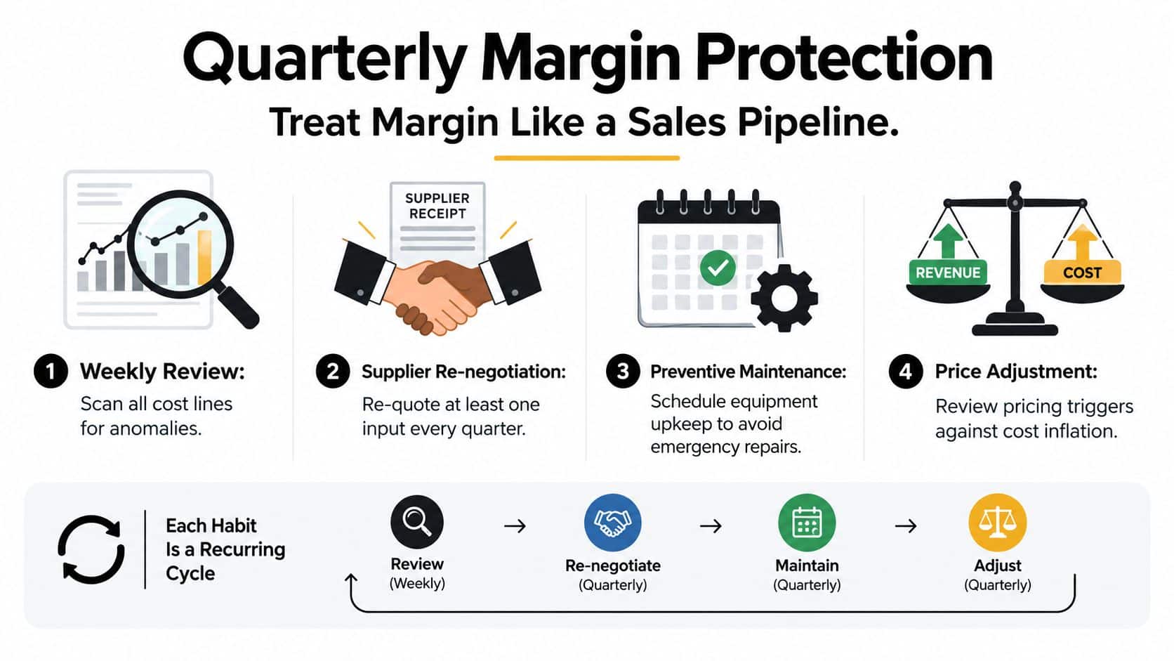 Factors Affecting Cost in Founder-Led Businesses 2 A diagram outlining a four-step quarterly margin protection process for businesses to optimize costs and profitability.