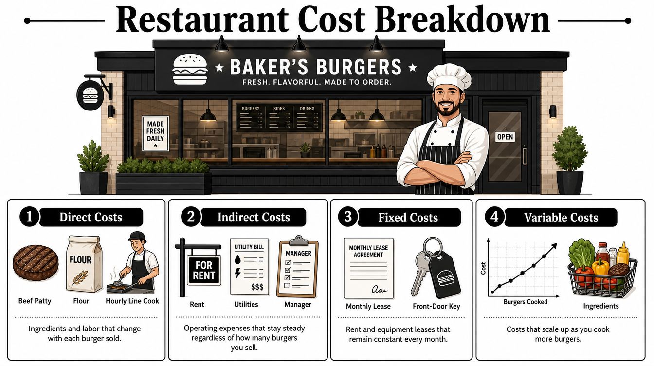 Factors Affecting Cost in Founder-Led Businesses 1 An infographic titled Restaurant Cost Breakdown explaining direct, indirect, fixed, and variable costs for a burger restaurant.