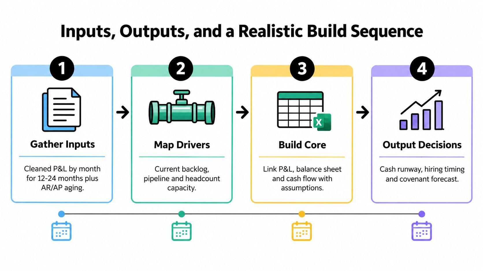 Financial Forecasting Models That Actually Drive Decisions 2 A four-step infographic illustrating a realistic sequence for building financial forecasting models starting from inputs to output.