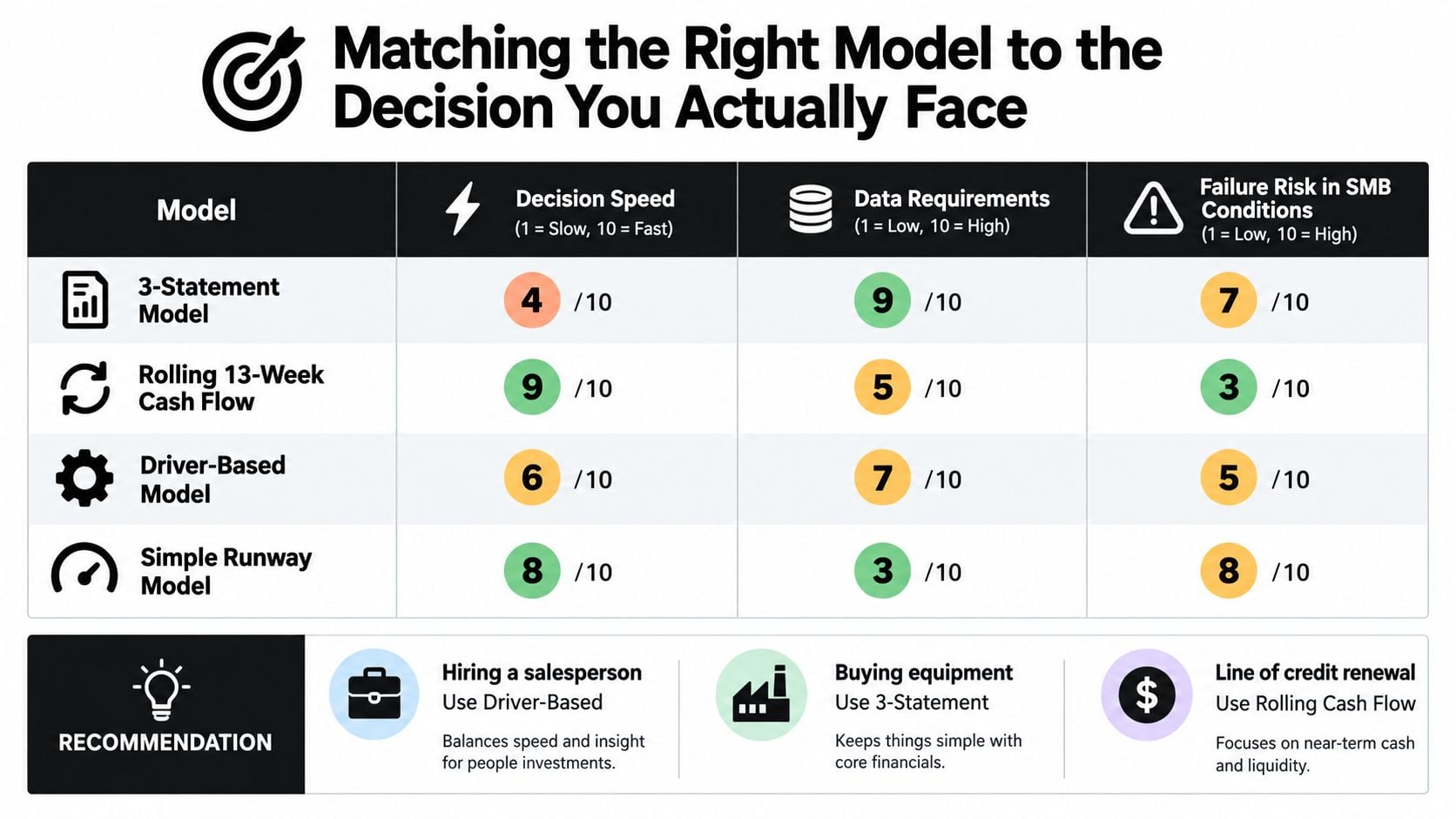Financial Forecasting Models That Actually Drive Decisions 1 A table comparing four financial models based on decision speed, data requirements, and failure risk in SMBs.