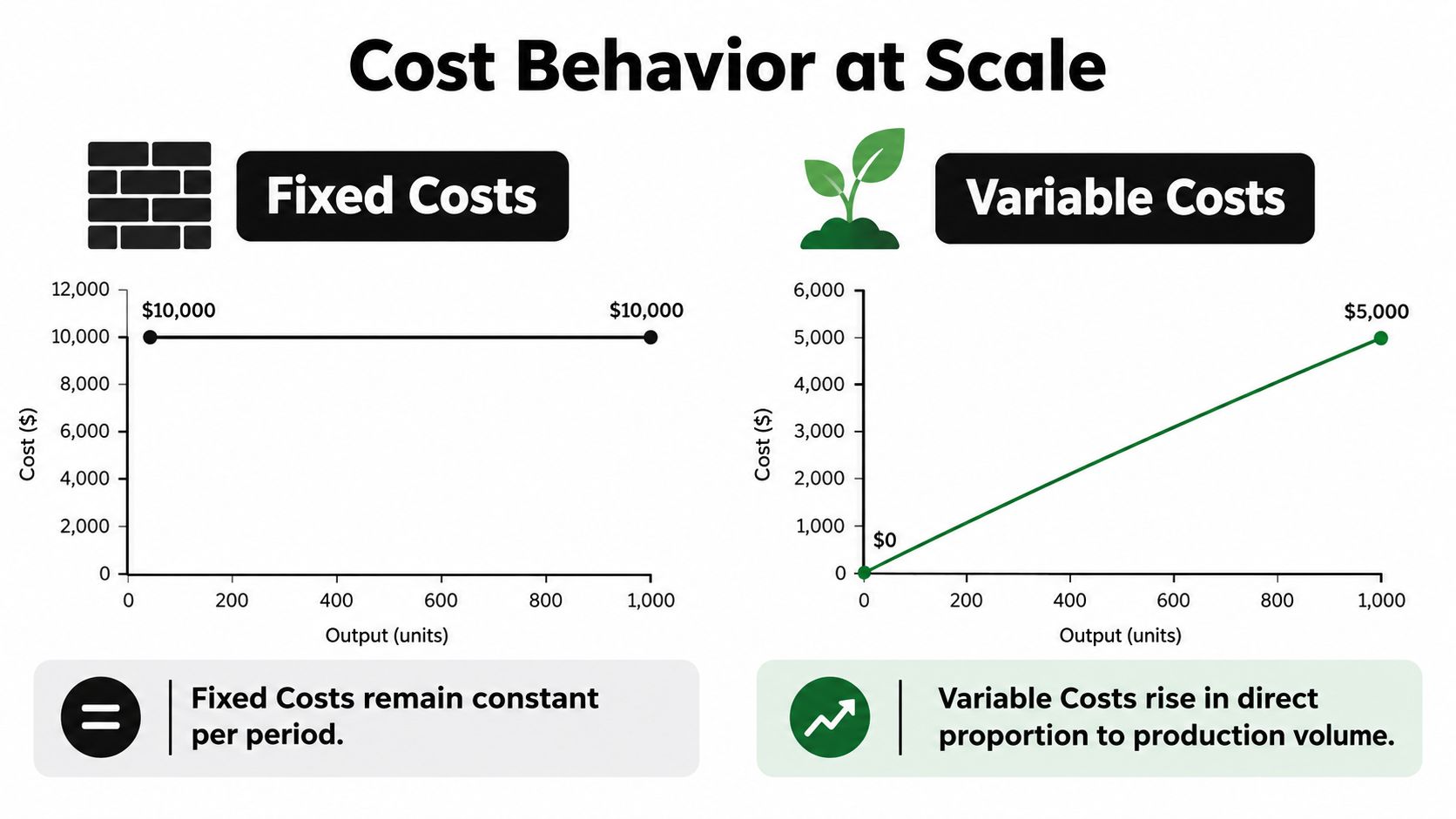Fixed vs Variable Cost: Growth Guide 1 A diagram comparing fixed costs, which remain constant, and variable costs, which increase with production output.