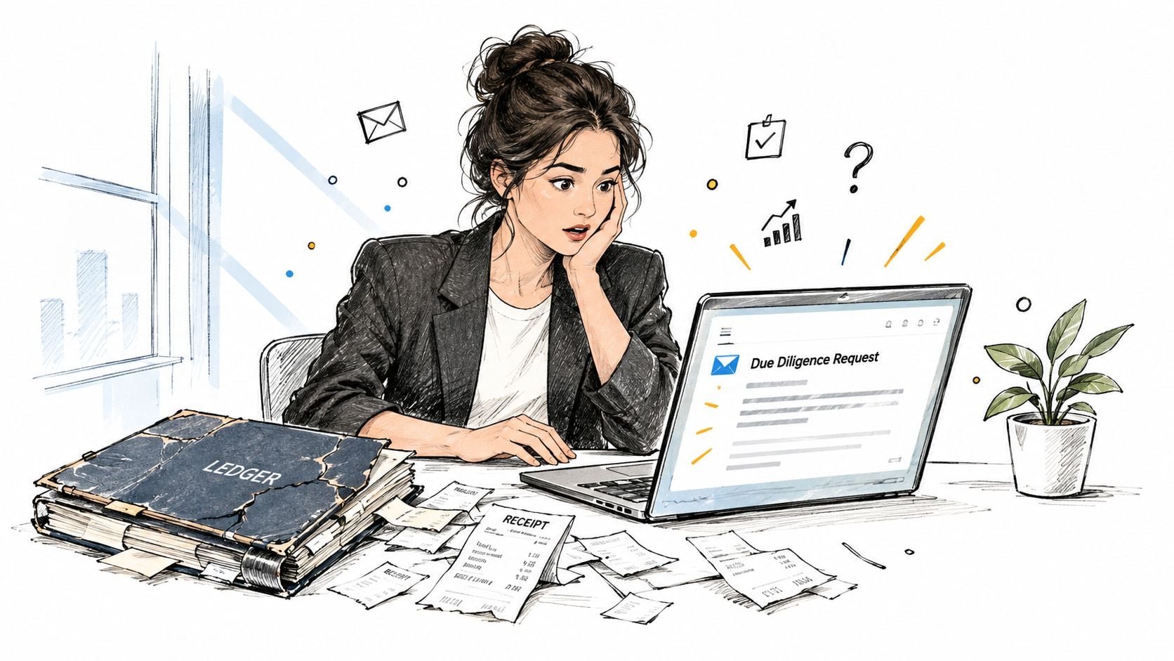 Internal Controls Assessment: The Founder’s Field Guide 1 A businesswoman looking surprised at a laptop screen displaying a due diligence request amidst scattered receipts and a ledger.