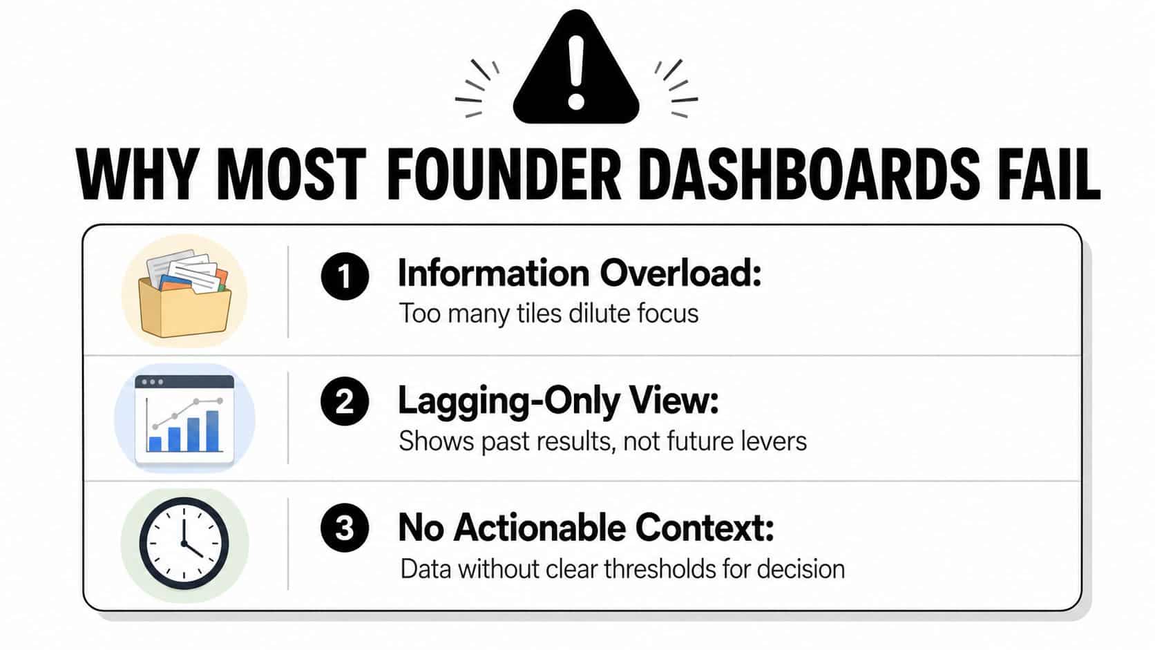 KPI Dashboard Design for Growing Founder-Led Firms 1 A graphic showing three primary reasons why business founder dashboards fail to provide effective insights.