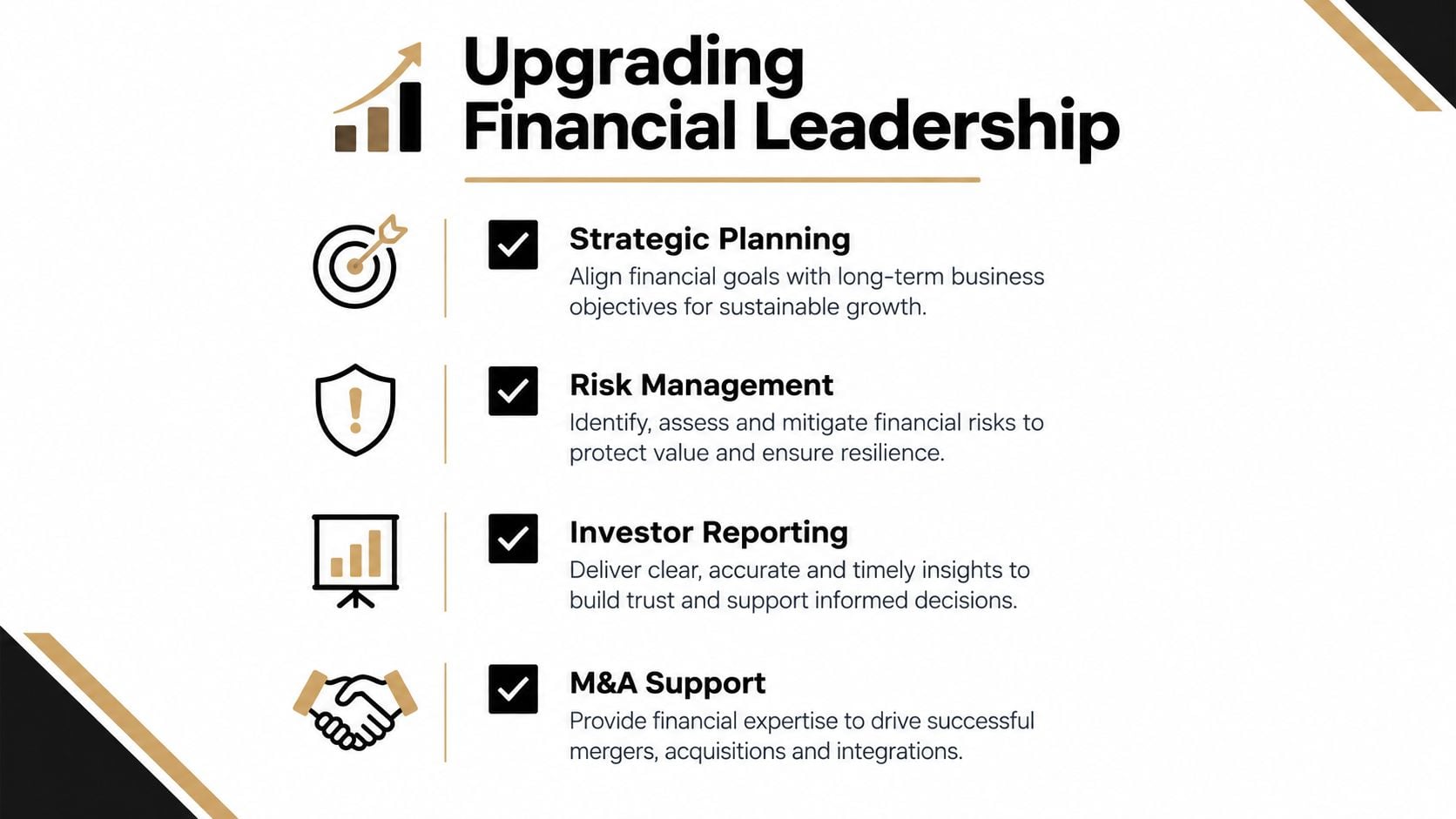 Liquidity Analysis for Growth-Stage Founders 3 An infographic titled Upgrading Financial Leadership listing services like strategic planning, risk management, investor reporting, and M&A support.