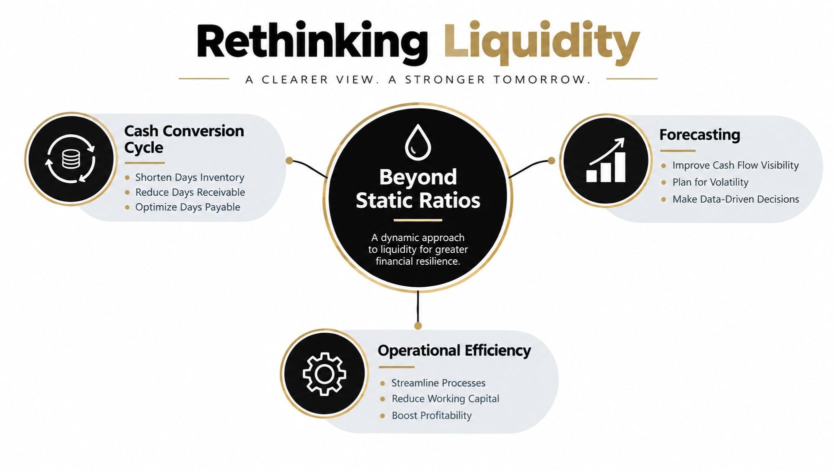 Liquidity Analysis for Growth-Stage Founders 1 An infographic titled Rethinking Liquidity illustrating strategies for better financial management including cash conversion, forecasting, and operational efficiency.